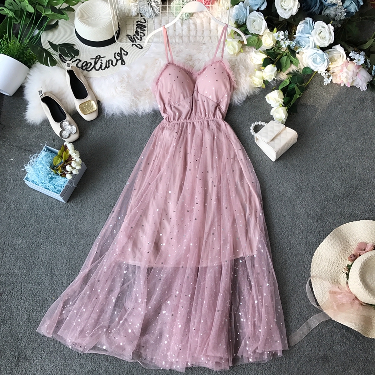 Summer New Sweet All-Matching Sequined XINGX Wooden Ear Tube Top Mid-Length Mesh Camisole Dress with Chest Pad for Women - Image 2