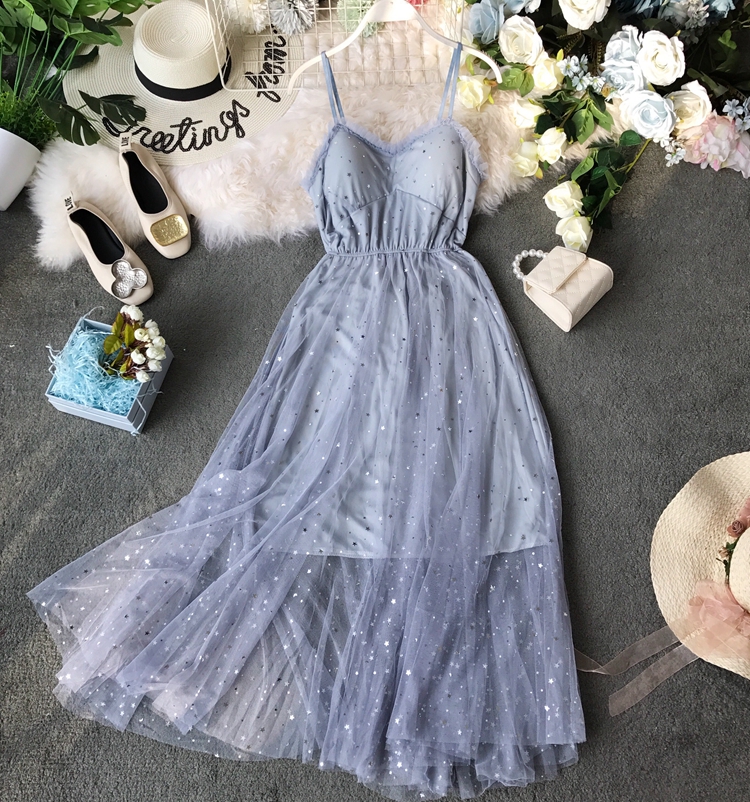 Summer New Sweet All-Matching Sequined XINGX Wooden Ear Tube Top Mid-Length Mesh Camisole Dress with Chest Pad for Women - Image 3