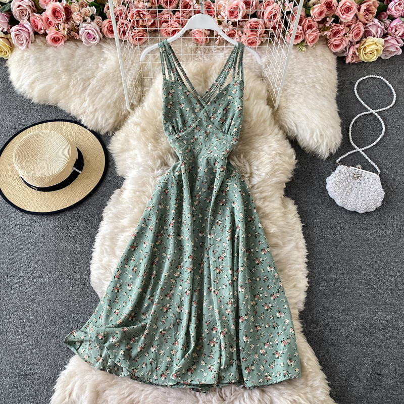 Seaside Vacation Skirt Ins Inspirational Backless Cross Suspender Skirt Summer New Fresh High Waist Floral Dress