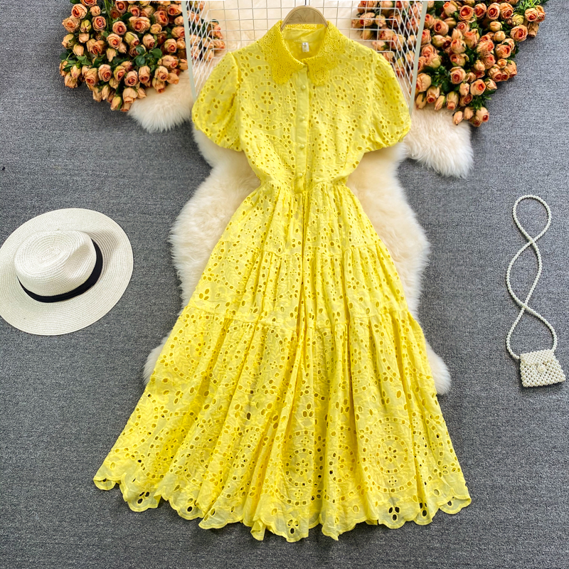 European Station Hollow Water-Soluble Lace Lapel Dress Short Sleeve Summer Waist-Controlled Large Hem A- line Dress Long Skirt