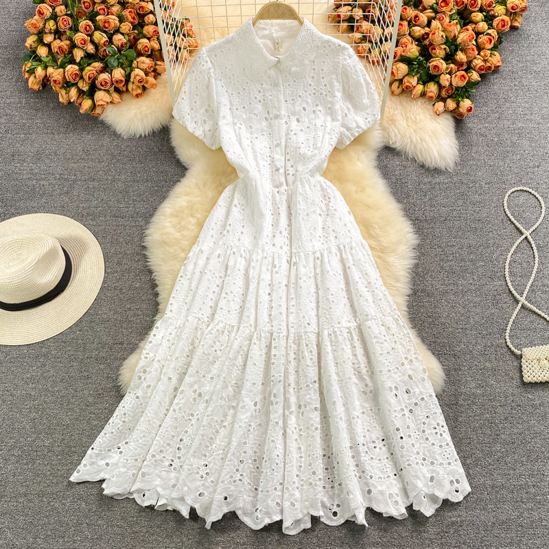 European Station Hollow Water-Soluble Lace Lapel Dress Short Sleeve Summer Waist-Controlled Large Hem A- line Dress Long Skirt - Image 3