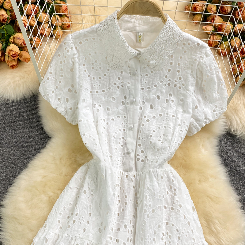 European Station Hollow Water-Soluble Lace Lapel Dress Short Sleeve Summer Waist-Controlled Large Hem A- line Dress Long Skirt - Image 4