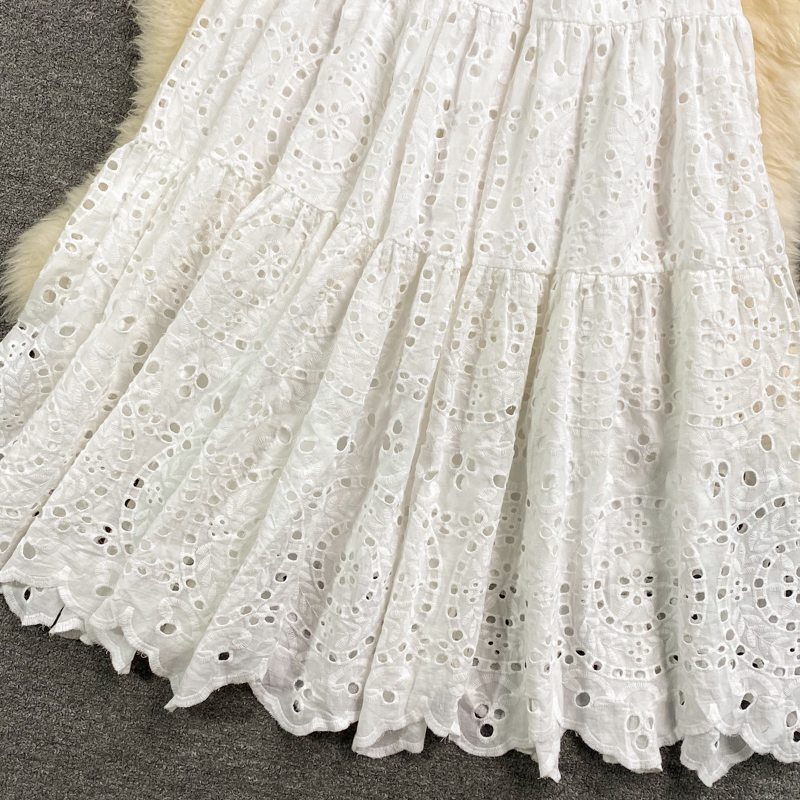 European Station Hollow Water-Soluble Lace Lapel Dress Short Sleeve Summer Waist-Controlled Large Hem A- line Dress Long Skirt - Image 5