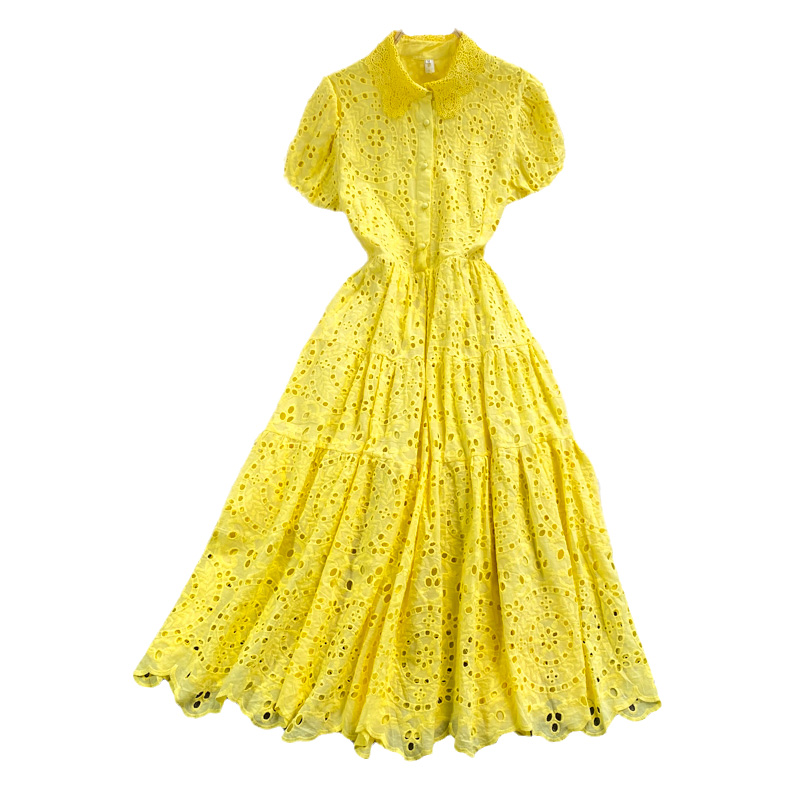 European Station Hollow Water-Soluble Lace Lapel Dress Short Sleeve Summer Waist-Controlled Large Hem A- line Dress Long Skirt - Image 6