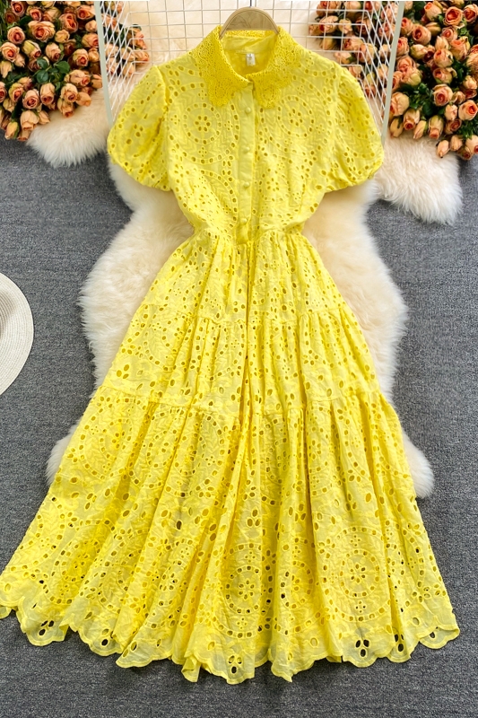 European Station Hollow Water-Soluble Lace Lapel Dress Short Sleeve Summer Waist-Controlled Large Hem A- line Dress Long Skirt - Image 7
