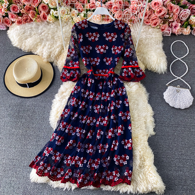 Summer New Fashion Elegant Graceful Round-Neck Flared Sleeves Hollow-out Embroidered Lace Tight Waist Midi dress Dress - Image 2