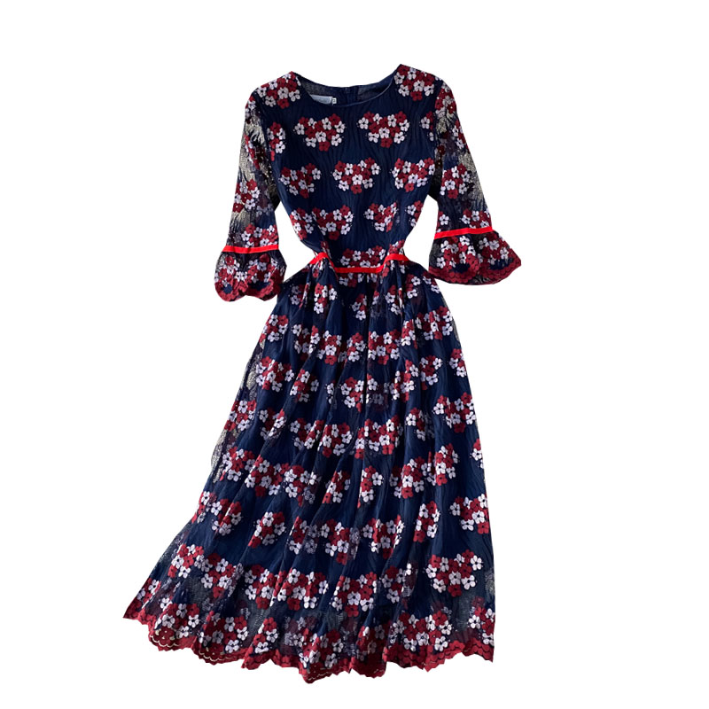Summer New Fashion Elegant Graceful Round-Neck Flared Sleeves Hollow-out Embroidered Lace Tight Waist Midi dress Dress - Image 6