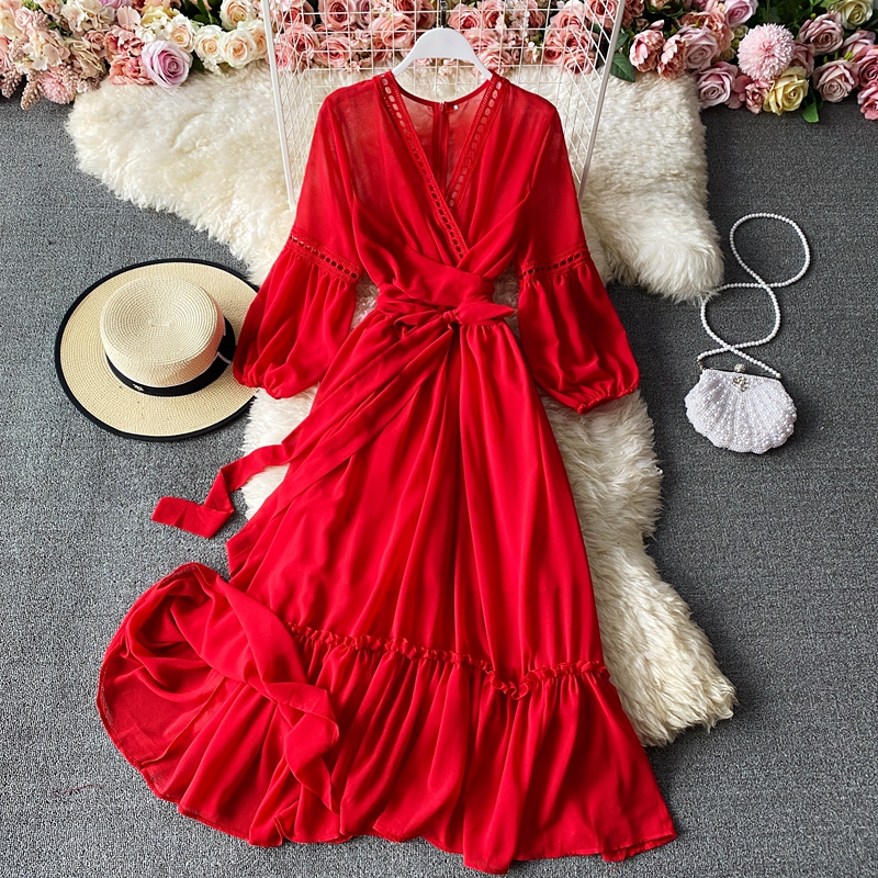 National wind red dress female saka salt lake of qinghai tourism photo skirt seaside holiday beach dress woman - Image 2