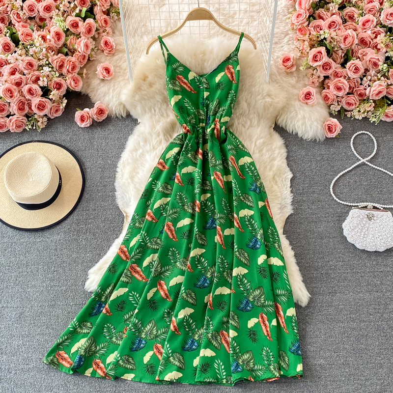 Seaside Beach Vacation Skirt Summer New Floral Slip Dress Waist Slimming Printed V-neck Large Swing Dress - Image 2