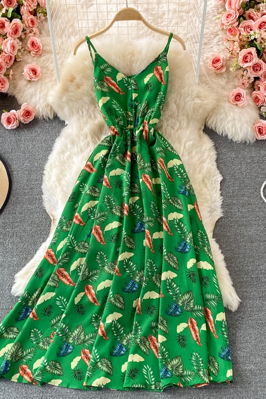 Seaside Beach Vacation Skirt Summer New Floral Slip Dress Waist Slimming Printed V-neck Large Swing Dress - Image 7