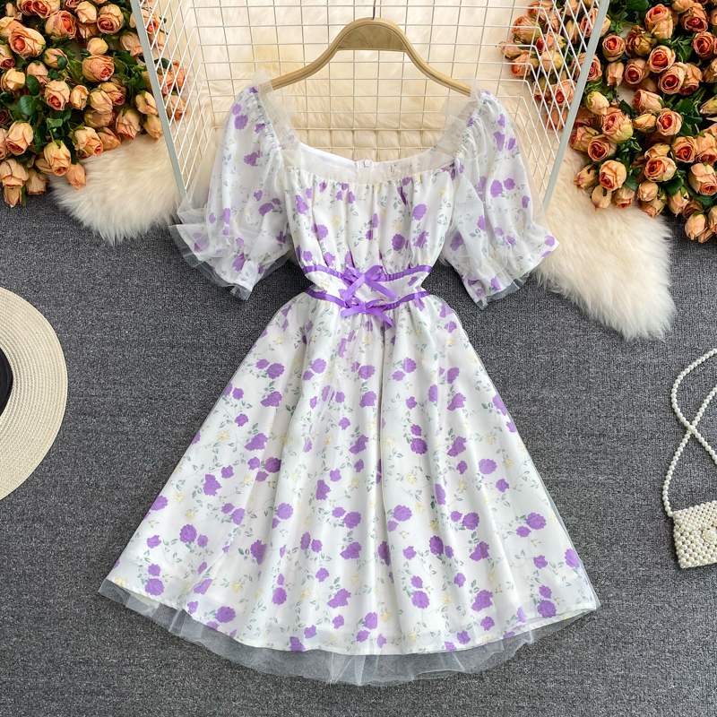 French Square Collar Chiffon Floral Dress Super Fairy Sweet Summer New Gentle Temperament Waist-Controlled Mid-Length Skirt