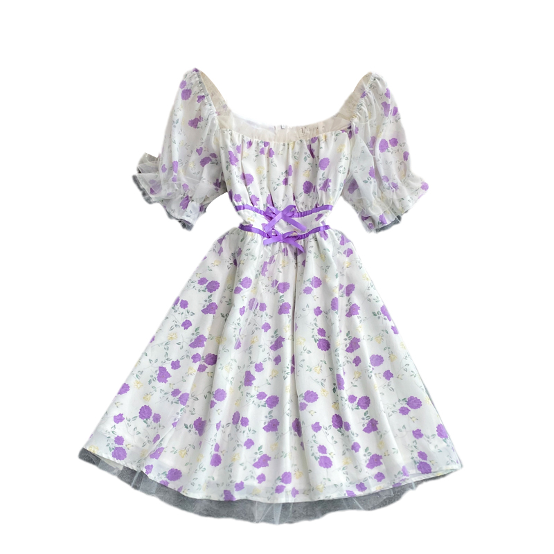 French Square Collar Chiffon Floral Dress Super Fairy Sweet Summer New Gentle Temperament Waist-Controlled Mid-Length Skirt - Image 6