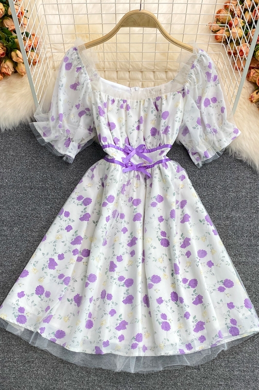 French Square Collar Chiffon Floral Dress Super Fairy Sweet Summer New Gentle Temperament Waist-Controlled Mid-Length Skirt - Image 7