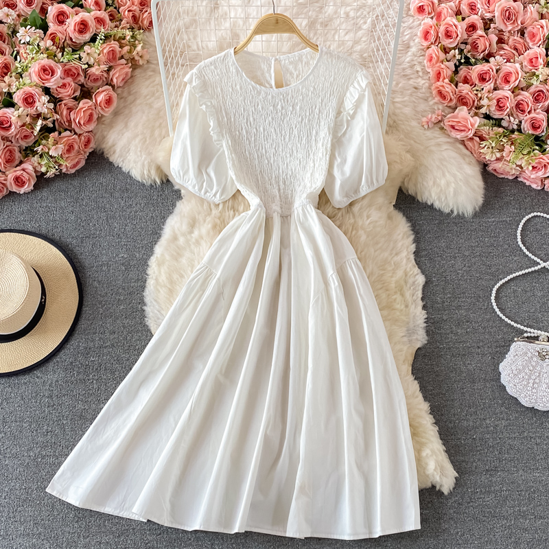 French Style Black round Neck Dress Summer Women's Fashion Puff Sleeve Ruffled Waist-Tight Hong Kong Style Mid-Length Skirt - Image 2