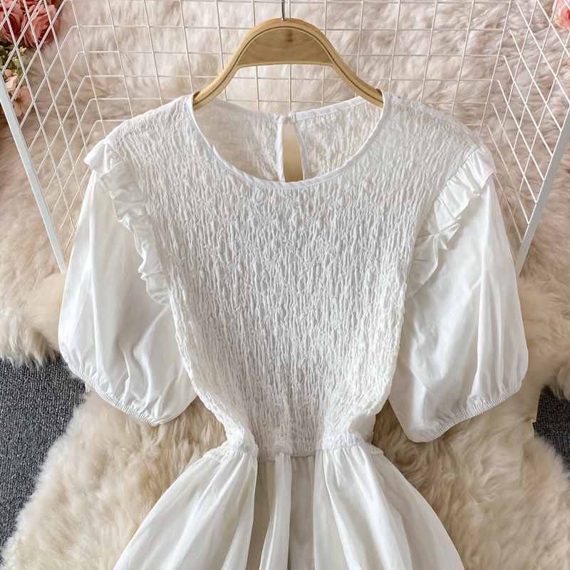 French Style Black round Neck Dress Summer Women's Fashion Puff Sleeve Ruffled Waist-Tight Hong Kong Style Mid-Length Skirt - Image 4