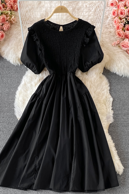 French Style Black round Neck Dress Summer Women's Fashion Puff Sleeve Ruffled Waist-Tight Hong Kong Style Mid-Length Skirt - Image 7