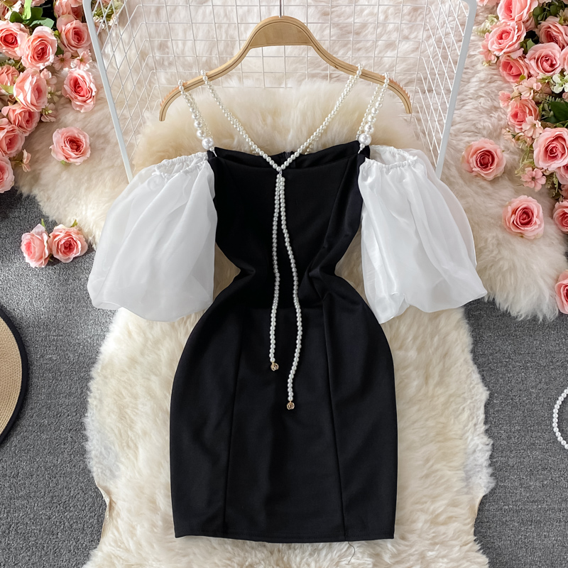 Socialite Style off-Shoulder Pearl Chain Strap Dress 21 Summer New Elegant Retro Slimming Puff Sleeve A- line Dress