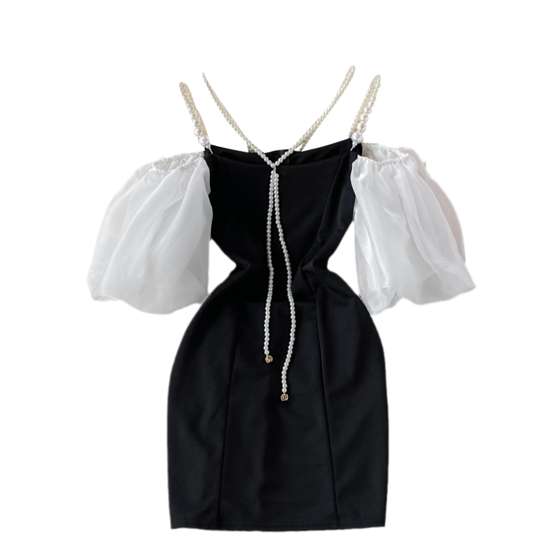 Socialite Style off-Shoulder Pearl Chain Strap Dress 21 Summer New Elegant Retro Slimming Puff Sleeve A- line Dress - Image 6