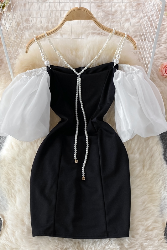 Socialite Style off-Shoulder Pearl Chain Strap Dress 21 Summer New Elegant Retro Slimming Puff Sleeve A- line Dress - Image 7