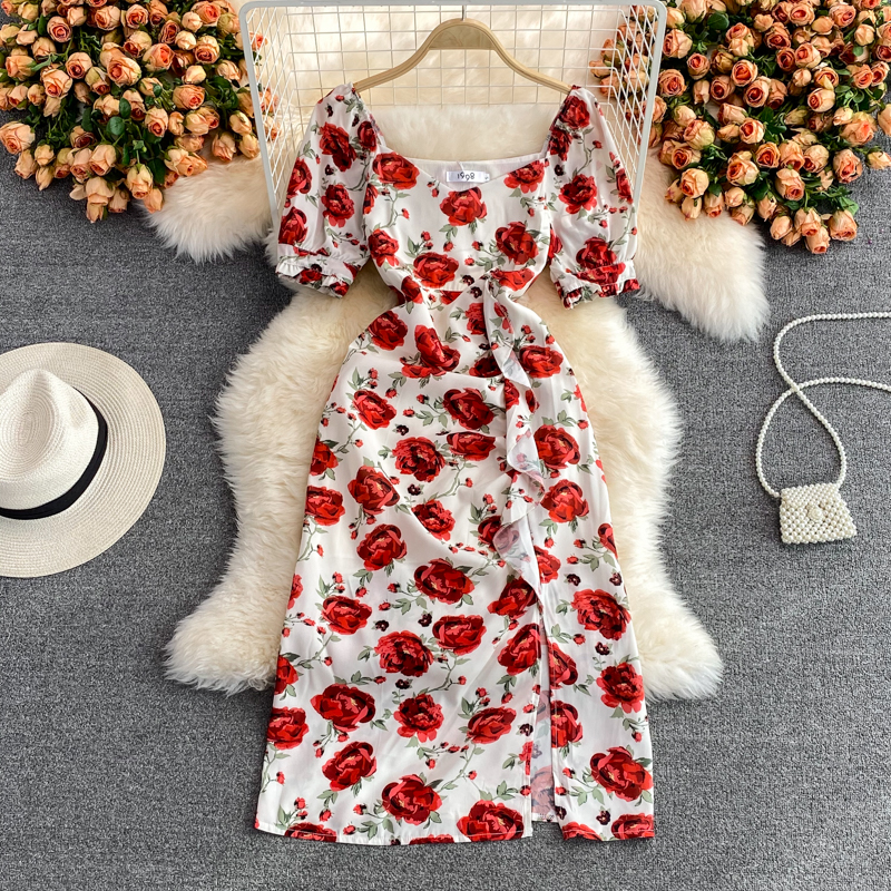 French Style Retro Kikyo Tea Dress Rose Dress Tight Waist Slimming Elegant Slightly Mature Style Split Floral Dress for Women - Image 2