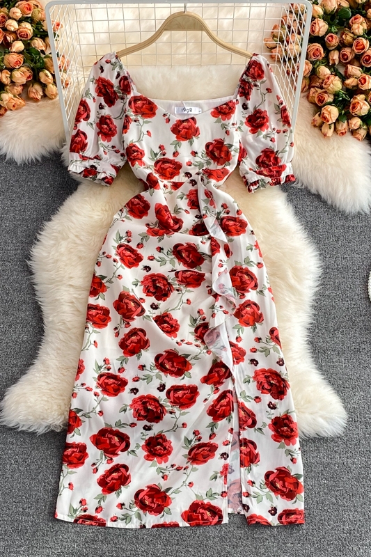 French Style Retro Kikyo Tea Dress Rose Dress Tight Waist Slimming Elegant Slightly Mature Style Split Floral Dress for Women - Image 7