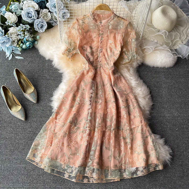 Ladies temperament lace embroidery wooden ear stand collar dress summer waist was thinner mid-length skirt short sleeves - Image 2