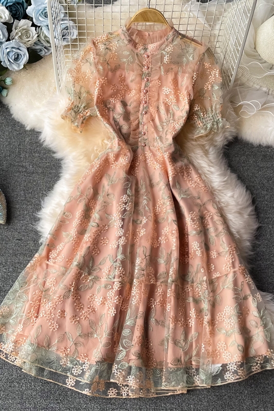 Ladies temperament lace embroidery wooden ear stand collar dress summer waist was thinner mid-length skirt short sleeves - Image 7