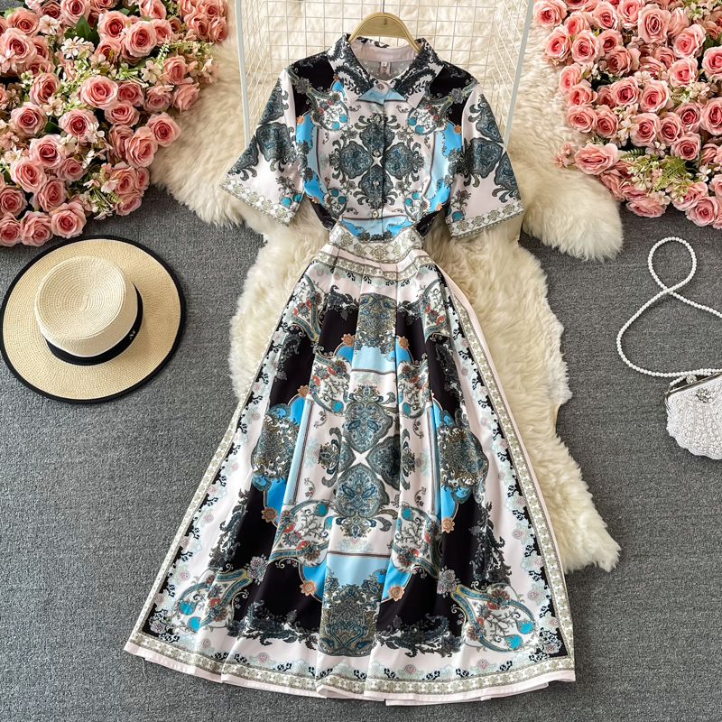 French Socialite Graceful Long Expansion Skirt Spring And Autumn New Vintage Court Style Lapel Print Short Sleeve Dress - Image 2