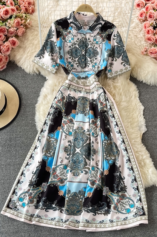 French Socialite Graceful Long Expansion Skirt Spring And Autumn New Vintage Court Style Lapel Print Short Sleeve Dress - Image 7