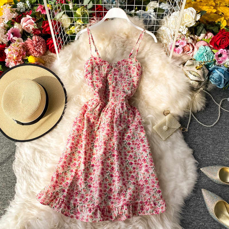 Summer New Elegant French Hipster Style High Waist Girl Floral Strapless Suspender Dress Ruffled Dress - Image 2