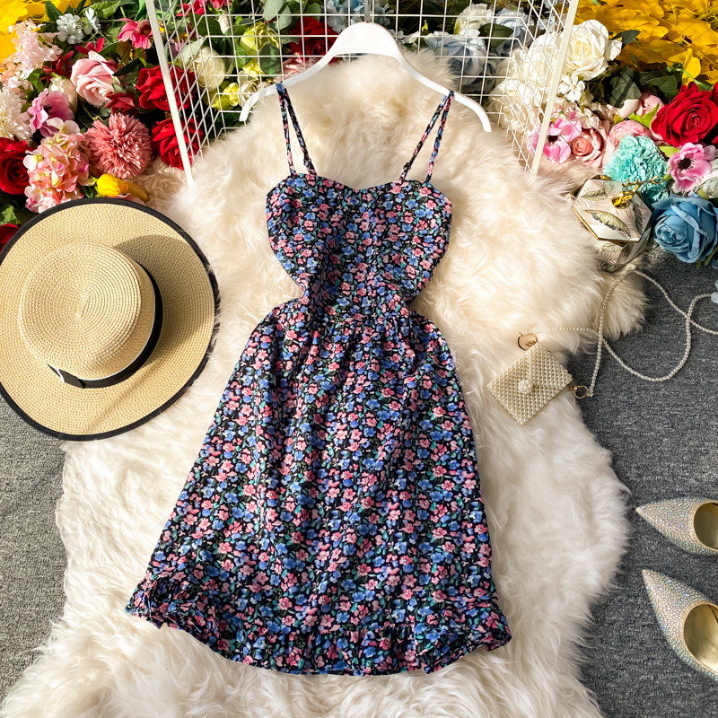 Summer New Elegant French Hipster Style High Waist Girl Floral Strapless Suspender Dress Ruffled Dress - Image 3