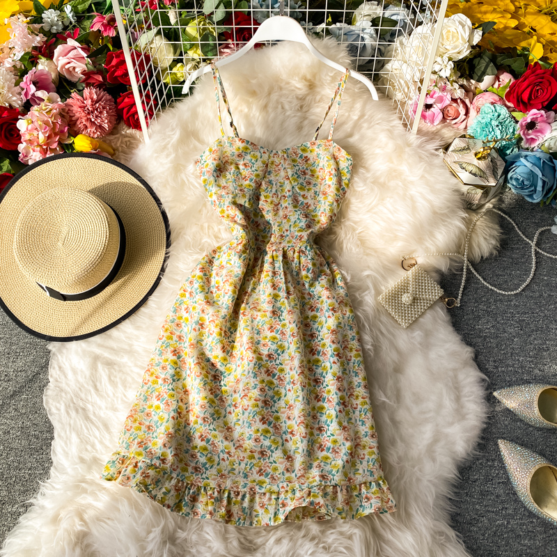 Summer New Elegant French Hipster Style High Waist Girl Floral Strapless Suspender Dress Ruffled Dress - Image 4