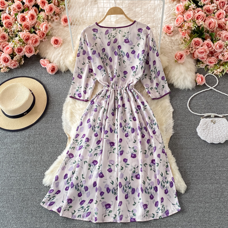 Fall New French First Love Tea Dress Elegant Graceful Long Dress Waist-Tight V-neck Floral Chiffon Dress - Image 5
