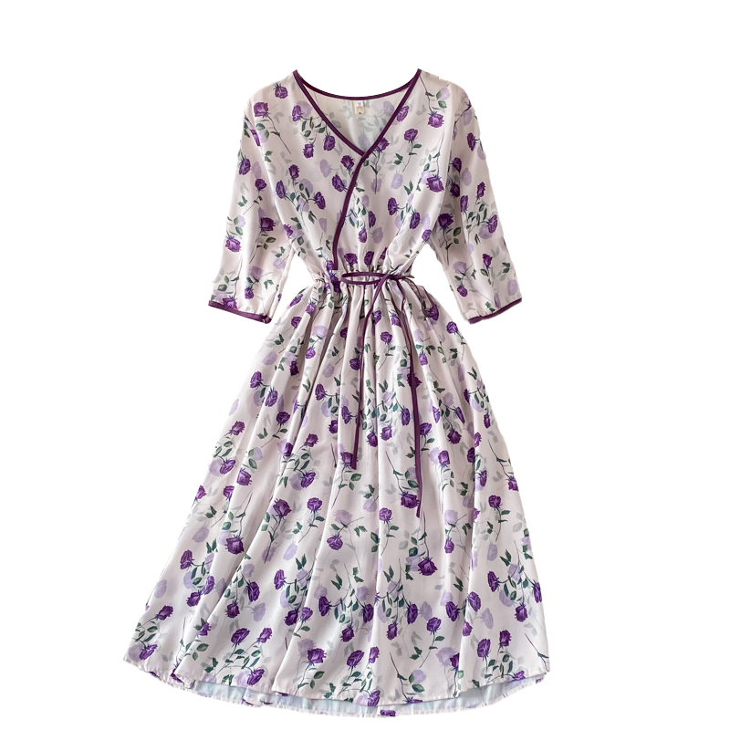 Fall New French First Love Tea Dress Elegant Graceful Long Dress Waist-Tight V-neck Floral Chiffon Dress - Image 6