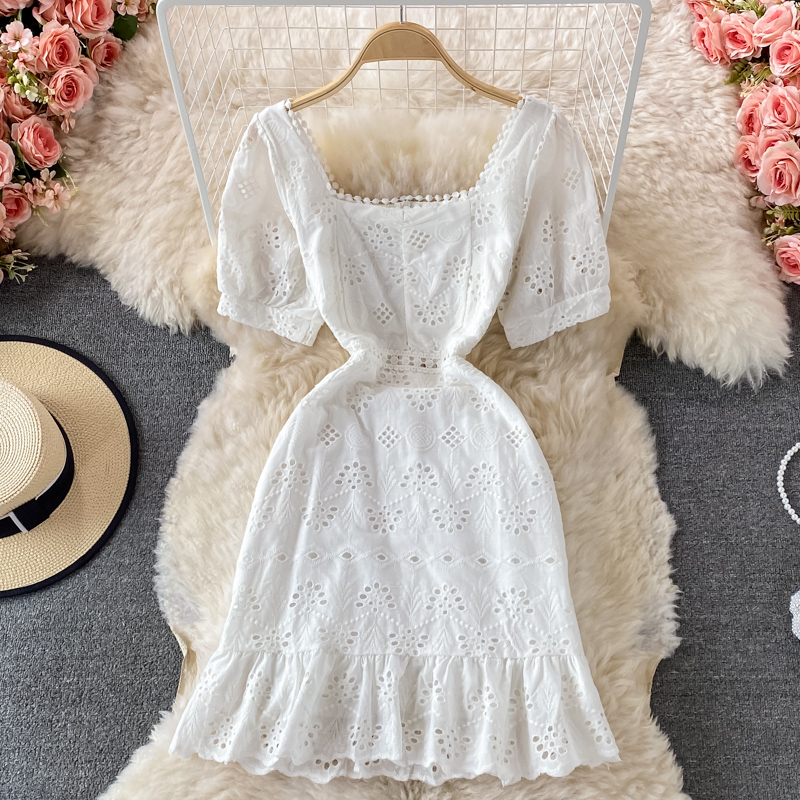 Summer New Square Collar Puff Sleeve Hollow Crocheted Ruffled Waist Slim Fit Temperament Sheath Dress Short Sleeve - Image 5