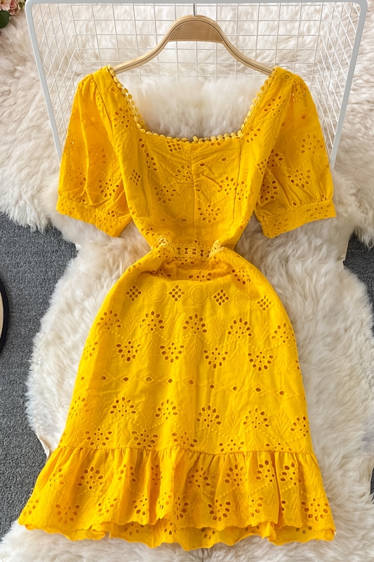 Summer New Square Collar Puff Sleeve Hollow Crocheted Ruffled Waist Slim Fit Temperament Sheath Dress Short Sleeve - Image 7