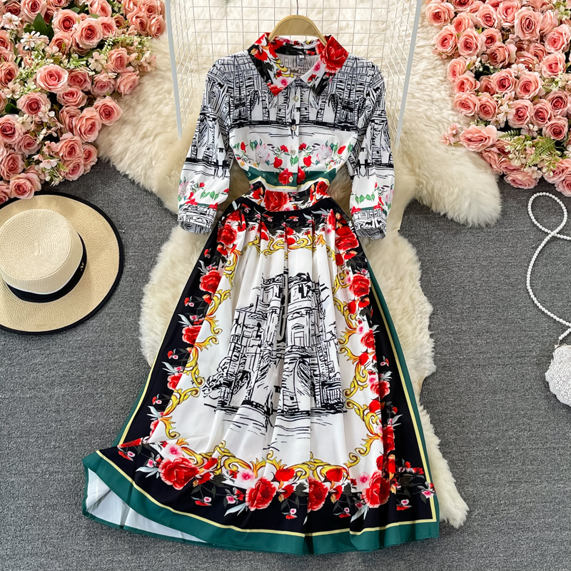 Light cooked style long skirt spring and autumn product lapel long sleeve printing waist thin temperament dress pleated dress - Image 2