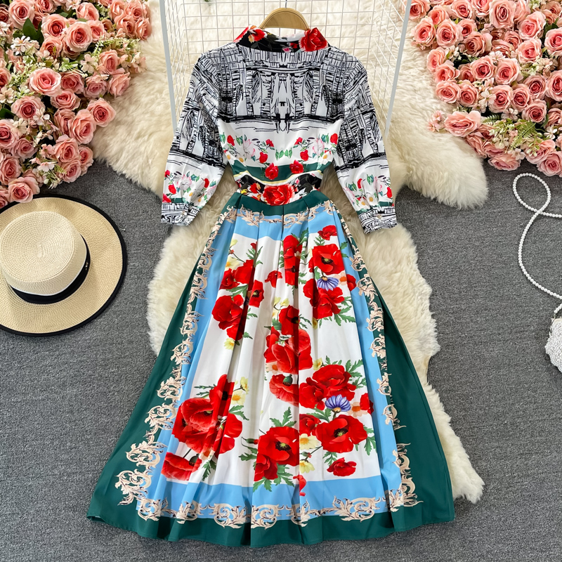 Light cooked style long skirt spring and autumn product lapel long sleeve printing waist thin temperament dress pleated dress - Image 5