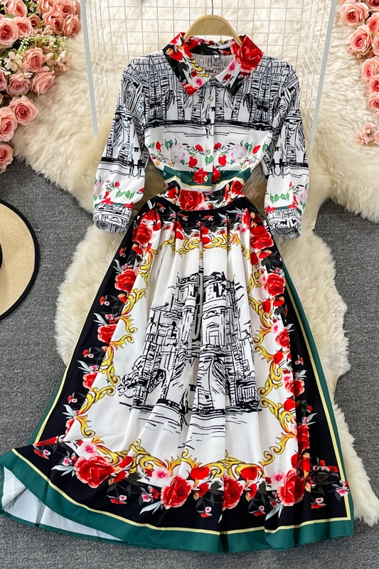 Light cooked style long skirt spring and autumn product lapel long sleeve printing waist thin temperament dress pleated dress - Image 7