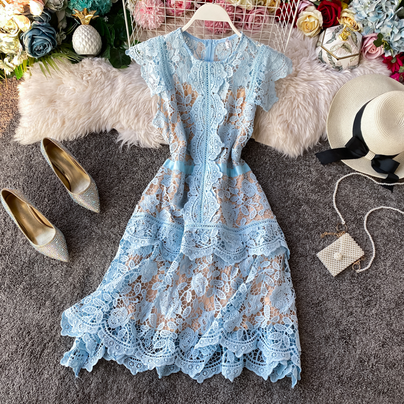 European Goods French Irregular Fairy Dress Fan-Shaped Skirt Flying Sleeves Ruffled Slim-Fit Women's Lace Dress - Image 2