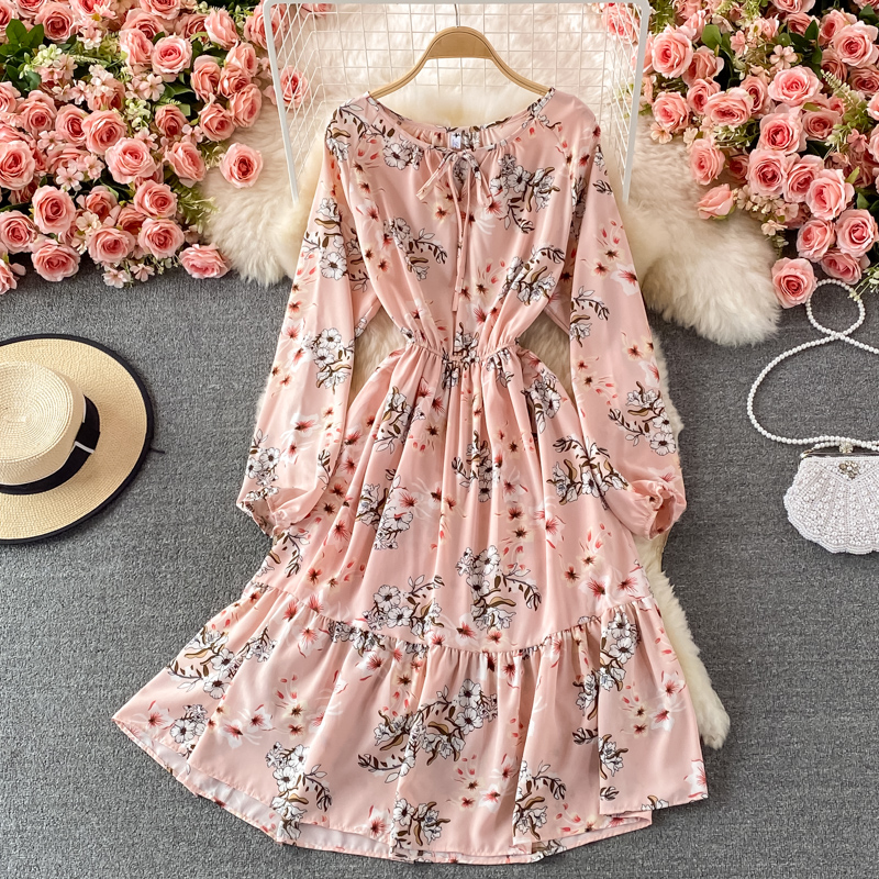 French round Neck Chiffon Dressautumn New Gentle Mid-Length Waist Trimming Ruffles Floral Skirt - Image 3