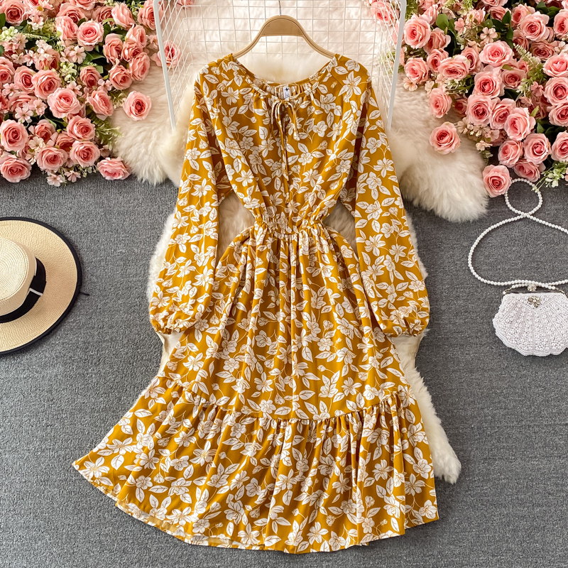 French round Neck Chiffon Dressautumn New Gentle Mid-Length Waist Trimming Ruffles Floral Skirt - Image 4