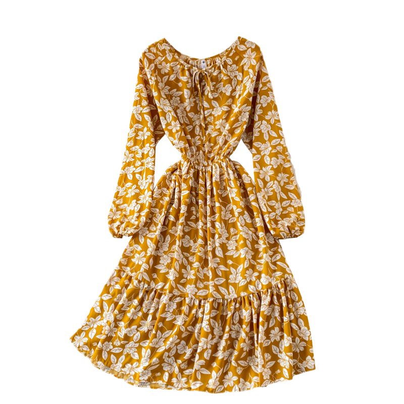 French round Neck Chiffon Dressautumn New Gentle Mid-Length Waist Trimming Ruffles Floral Skirt - Image 6