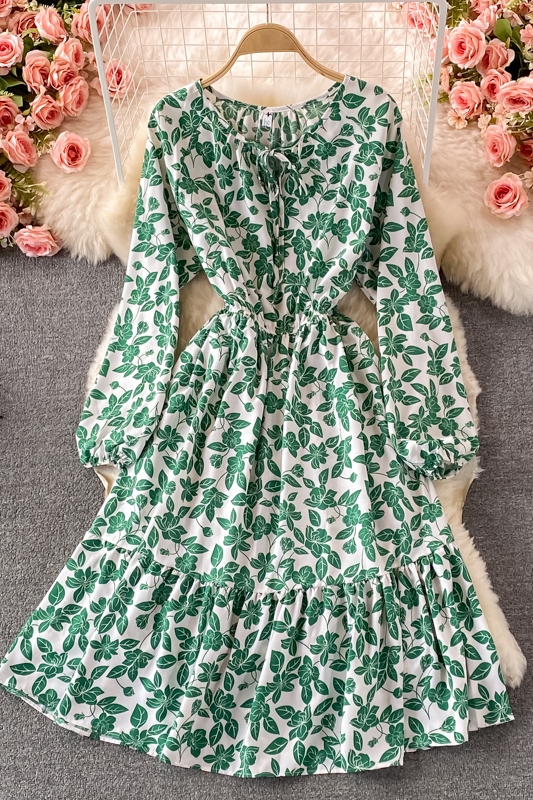French round Neck Chiffon Dressautumn New Gentle Mid-Length Waist Trimming Ruffles Floral Skirt - Image 7