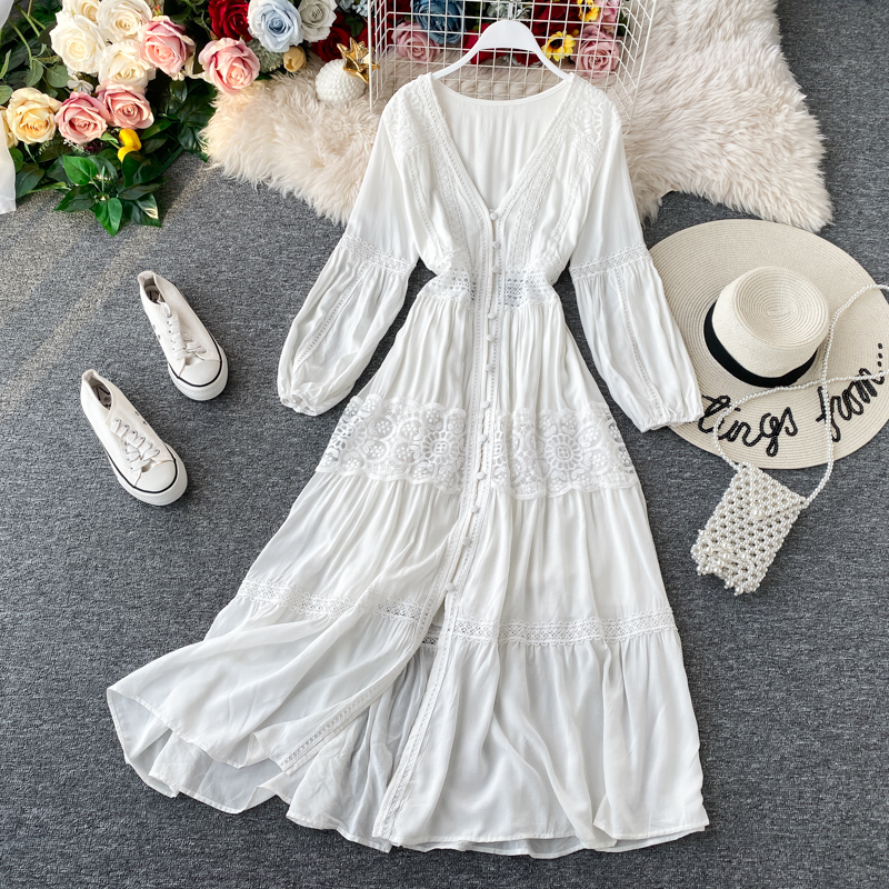 Super fairy brigade take dress red show thin v-neck seaside resort Bali beach dress Thailand open fork dress skirt