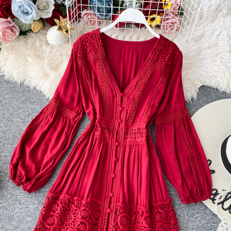 Super fairy brigade take dress red show thin v-neck seaside resort Bali beach dress Thailand open fork dress skirt - Image 4