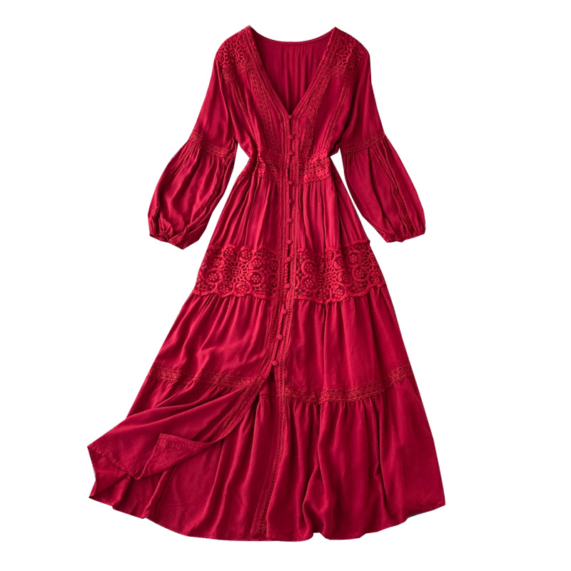 Super fairy brigade take dress red show thin v-neck seaside resort Bali beach dress Thailand open fork dress skirt - Image 6