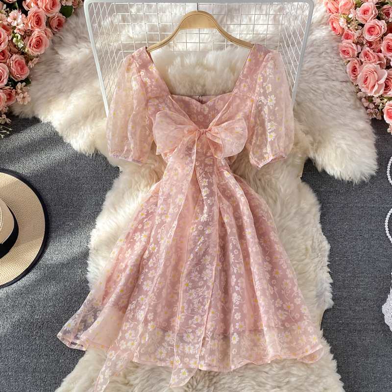 Organza Sweet Bow Fairy Square Collar Puff Sleeve Dress Summer New Puff Sleeve Princess Dress Short Skirt