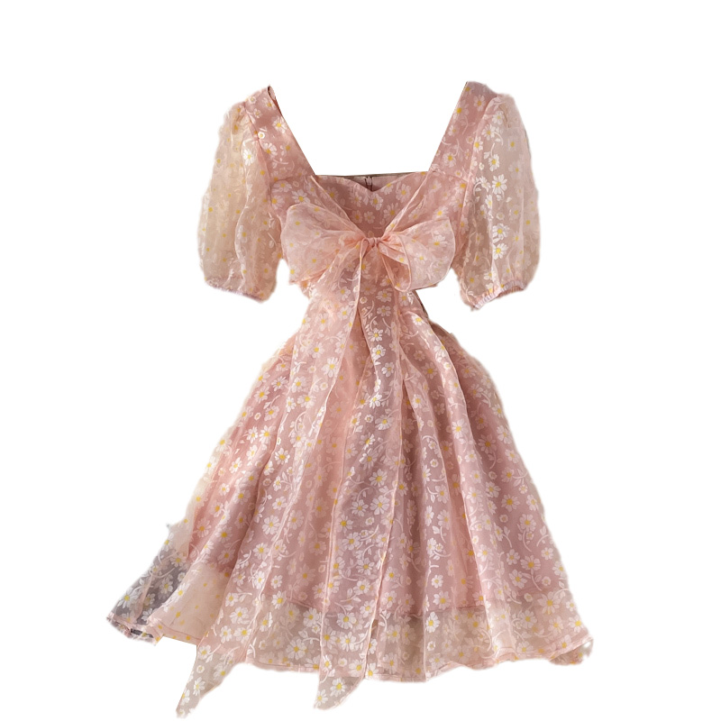 Organza Sweet Bow Fairy Square Collar Puff Sleeve Dress Summer New Puff Sleeve Princess Dress Short Skirt - Image 6