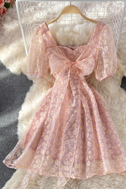 Organza Sweet Bow Fairy Square Collar Puff Sleeve Dress Summer New Puff Sleeve Princess Dress Short Skirt - Image 7